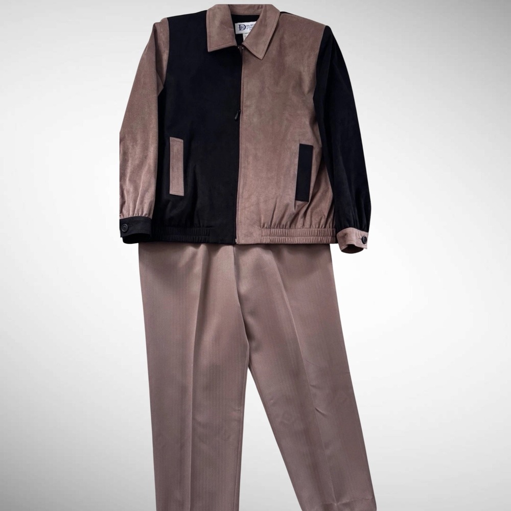 Da-Rue 3pc Taupe Black Ultrasuede Suit Set Pinstripe Pants 12P-14P USA
